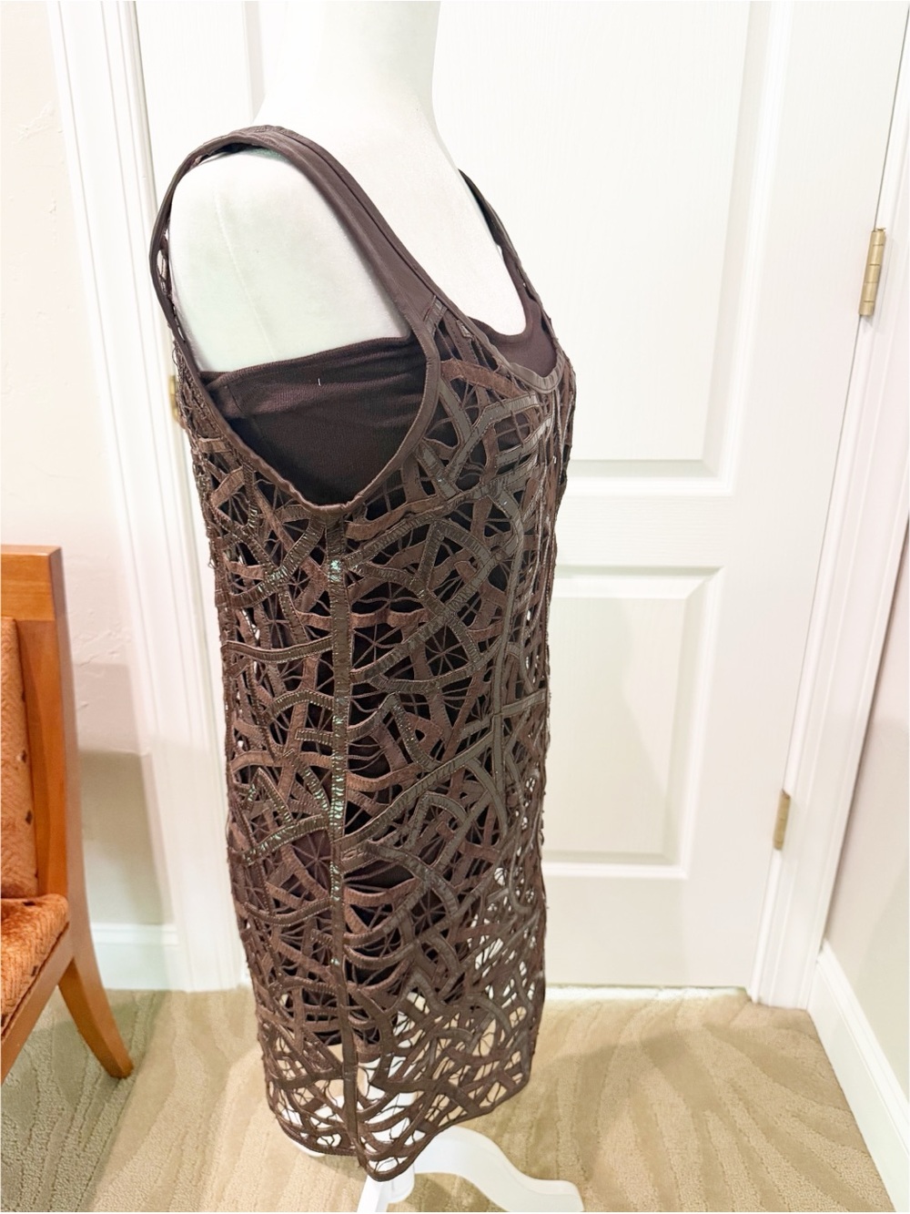 NWT Catherine Malandrino Sleeveless Brown Leather Dress with Cutouts - Picture 5 of 6